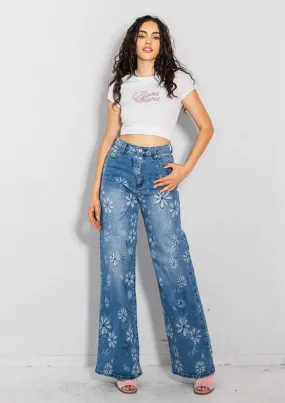 Flower Printed High-Rise Wideleg Jeans