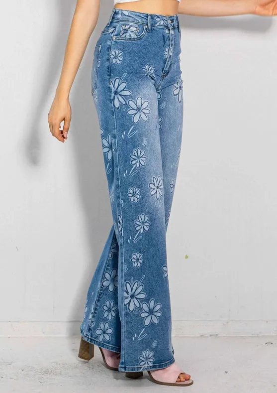 Flower Printed High-Rise Wideleg Jeans