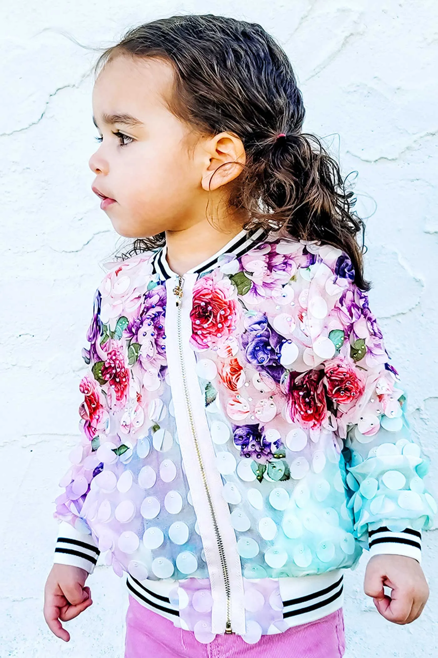 Girls 3D Fabric Floral Print Fashion Bomber Jacket