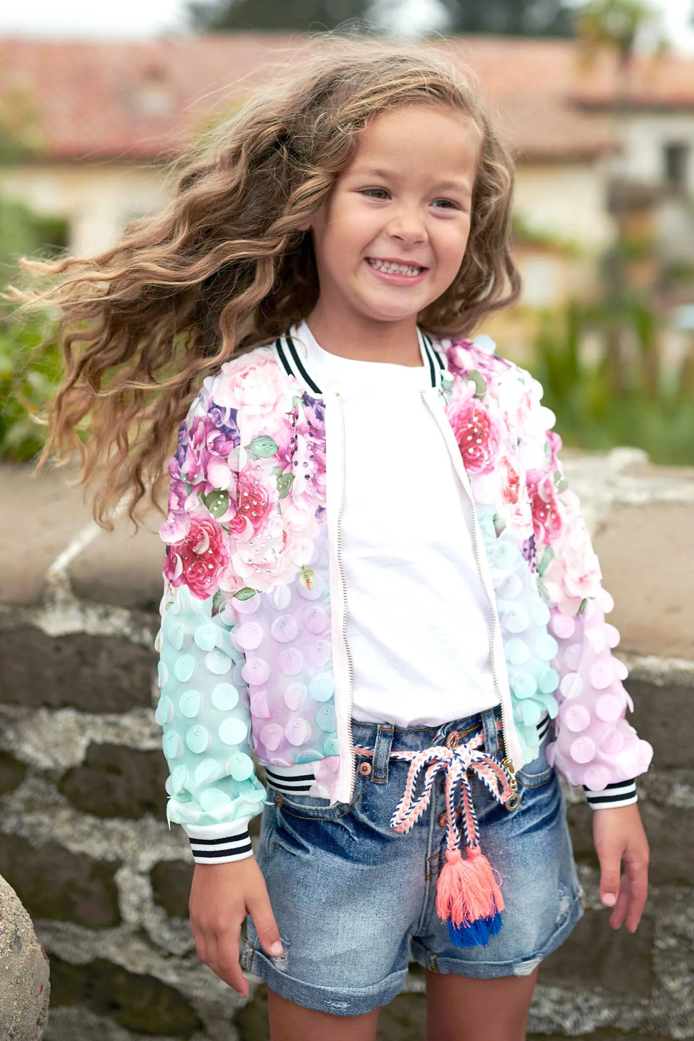 Girls 3D Fabric Floral Print Fashion Bomber Jacket