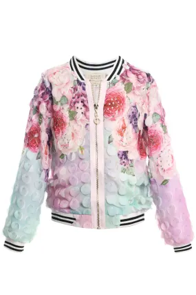 Girls 3D Fabric Floral Print Fashion Bomber Jacket