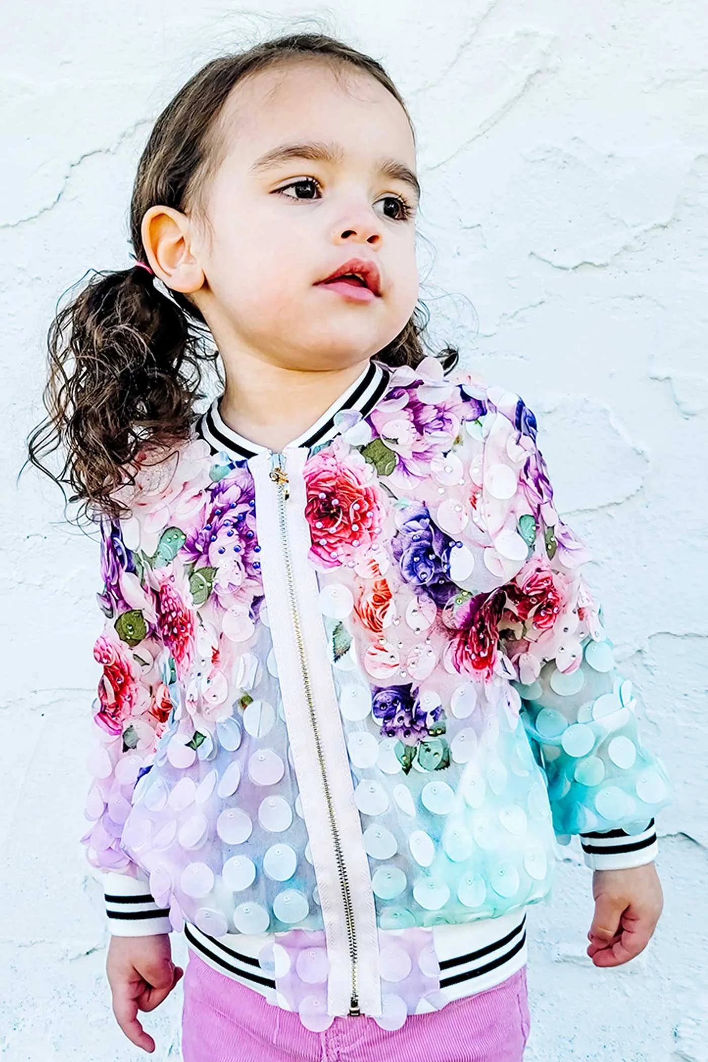 Girls 3D Fabric Floral Print Fashion Bomber Jacket