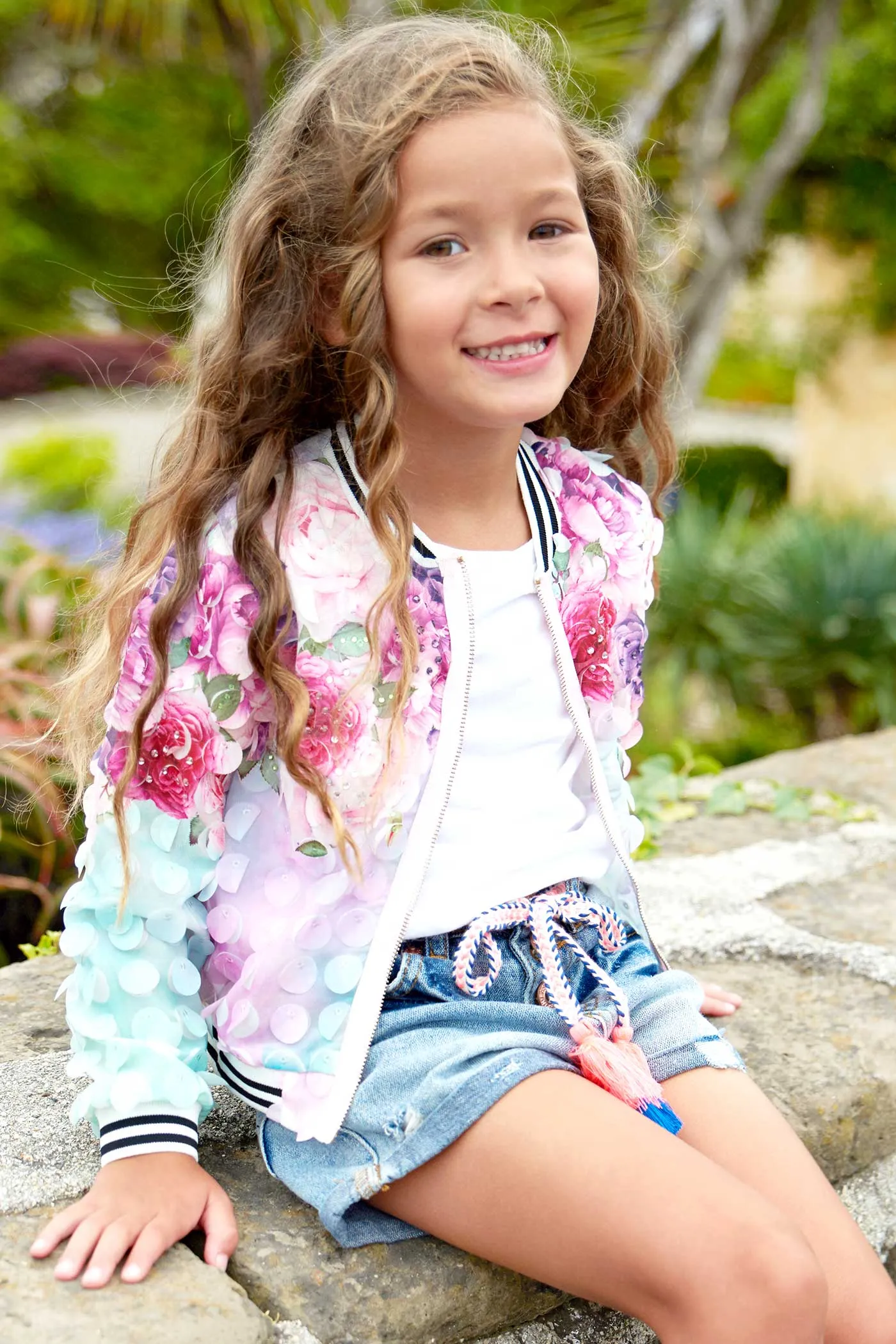 Girls 3D Fabric Floral Print Fashion Bomber Jacket