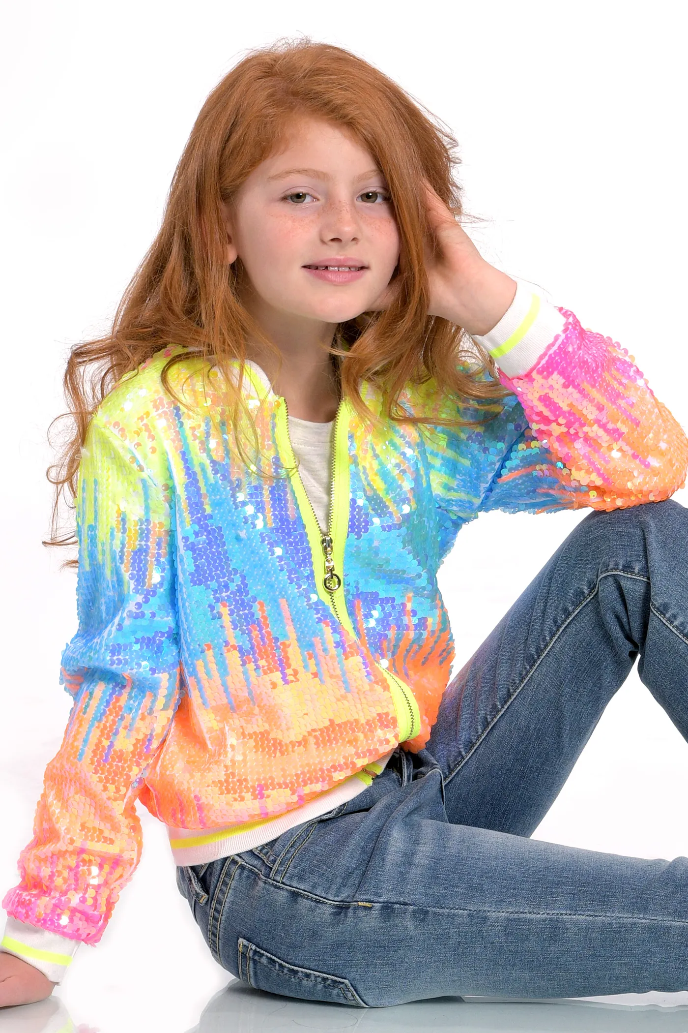 Girls Neon Color Sequin Fashion Bomber Jacket