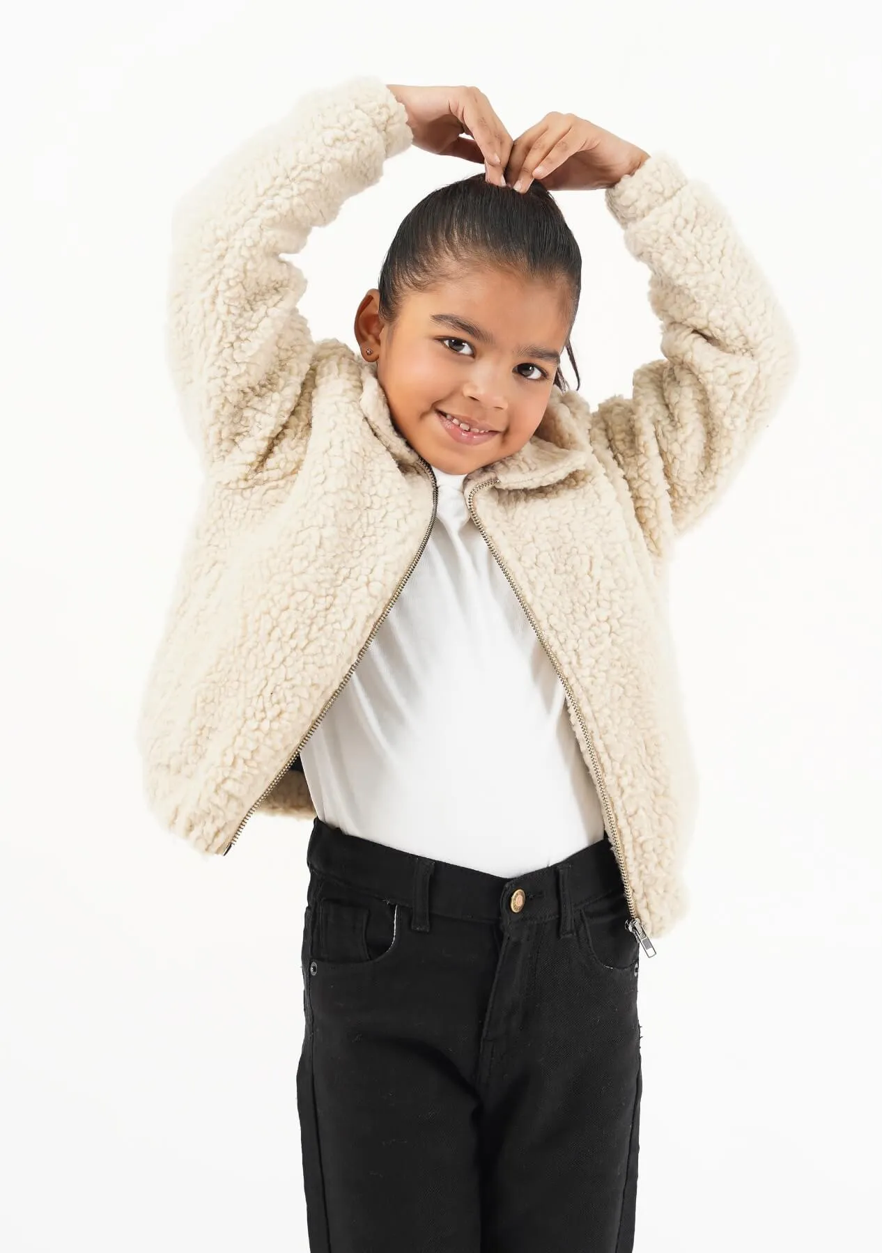 Girls Teddy Faux Fur Bomber Jacket - beige