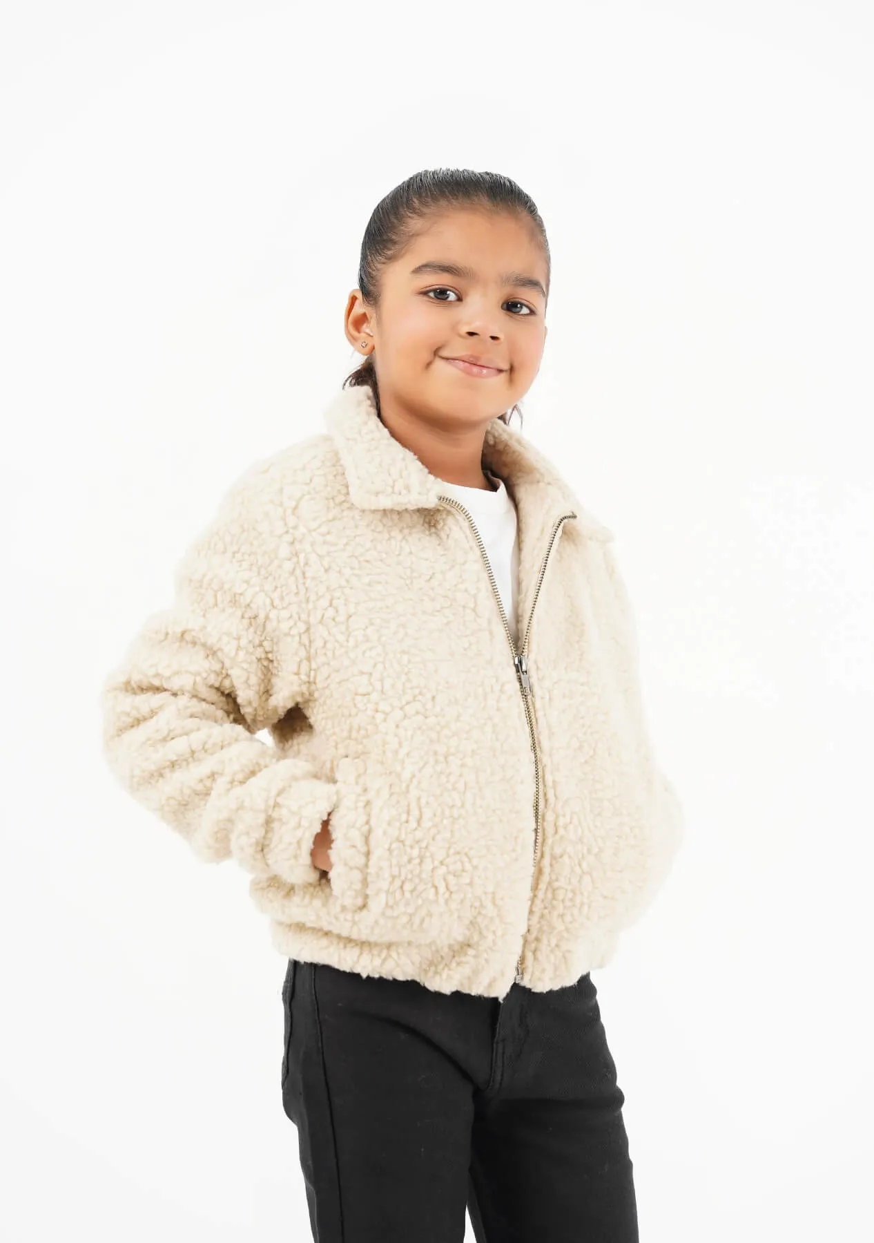 Girls Teddy Faux Fur Bomber Jacket - beige