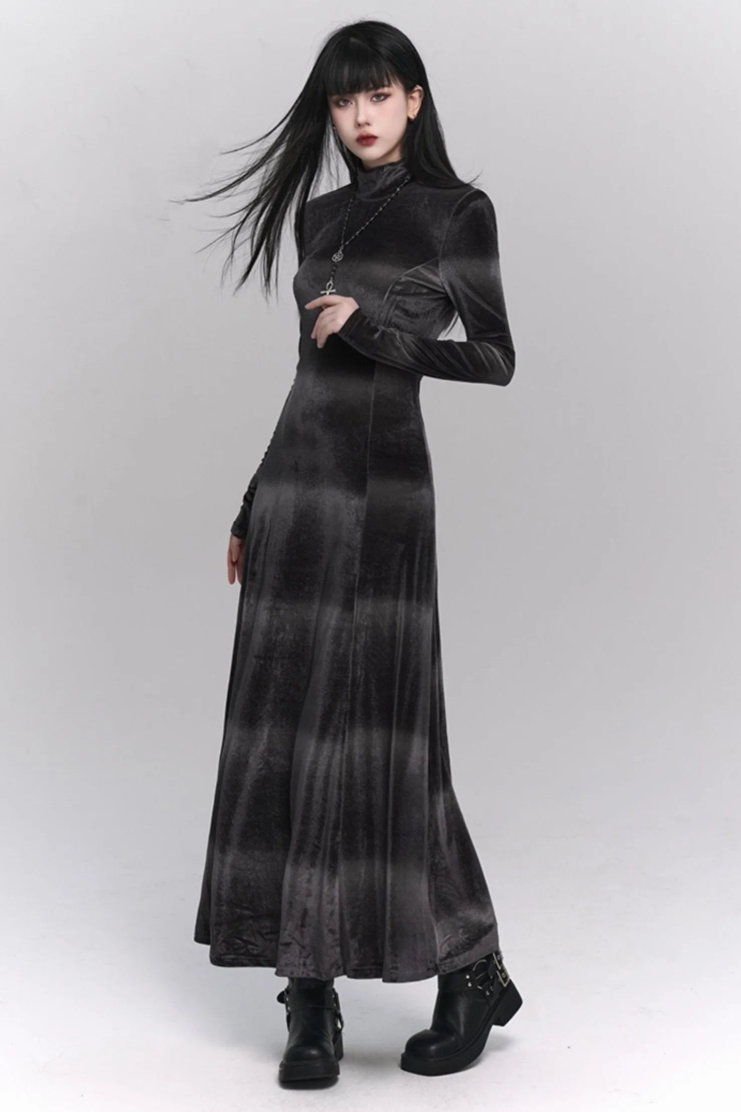 Gothic Velvet Turtleneck Maxi Dress