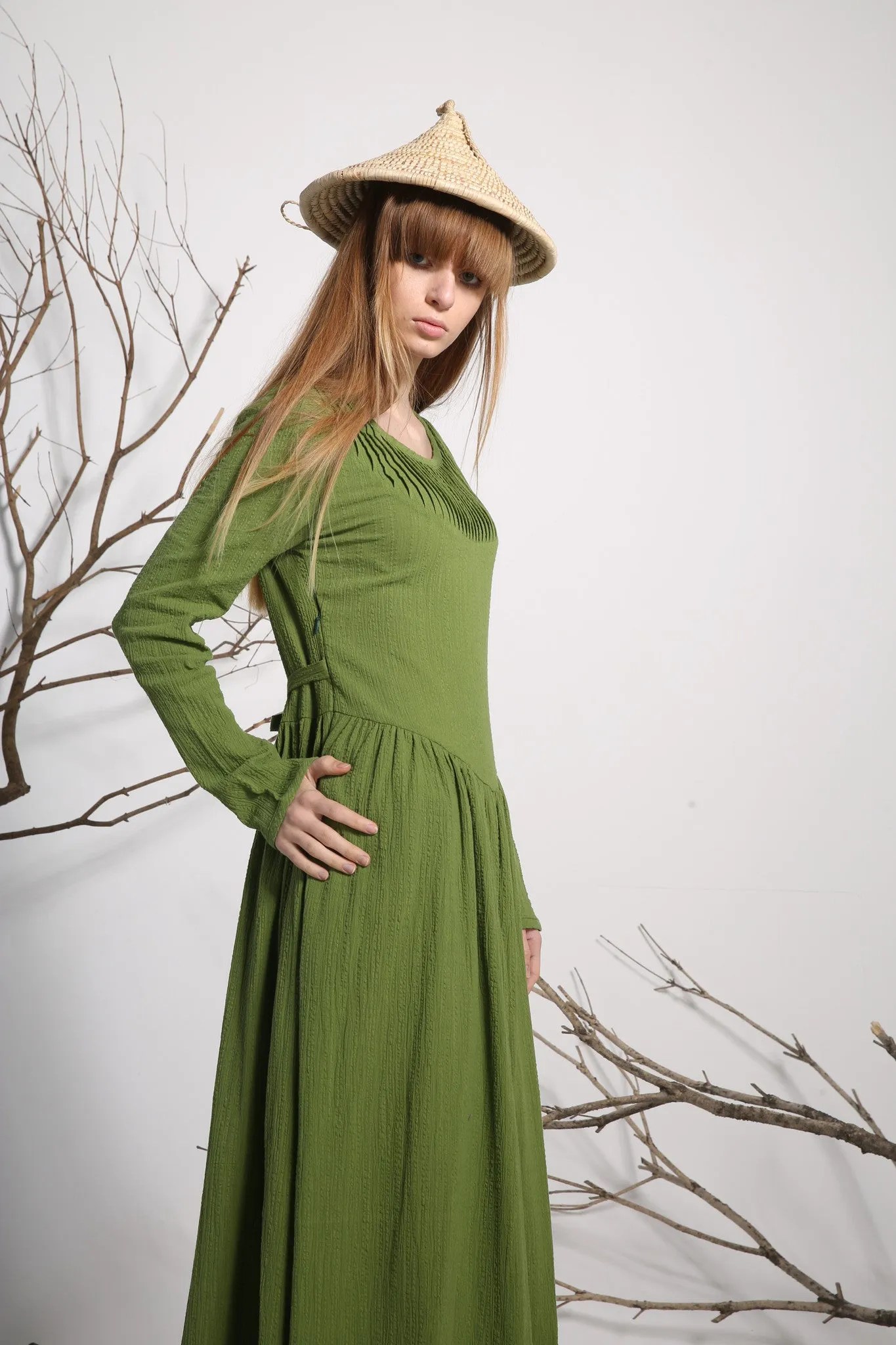 Green linen dress maxi dress long dress women dress (1136)