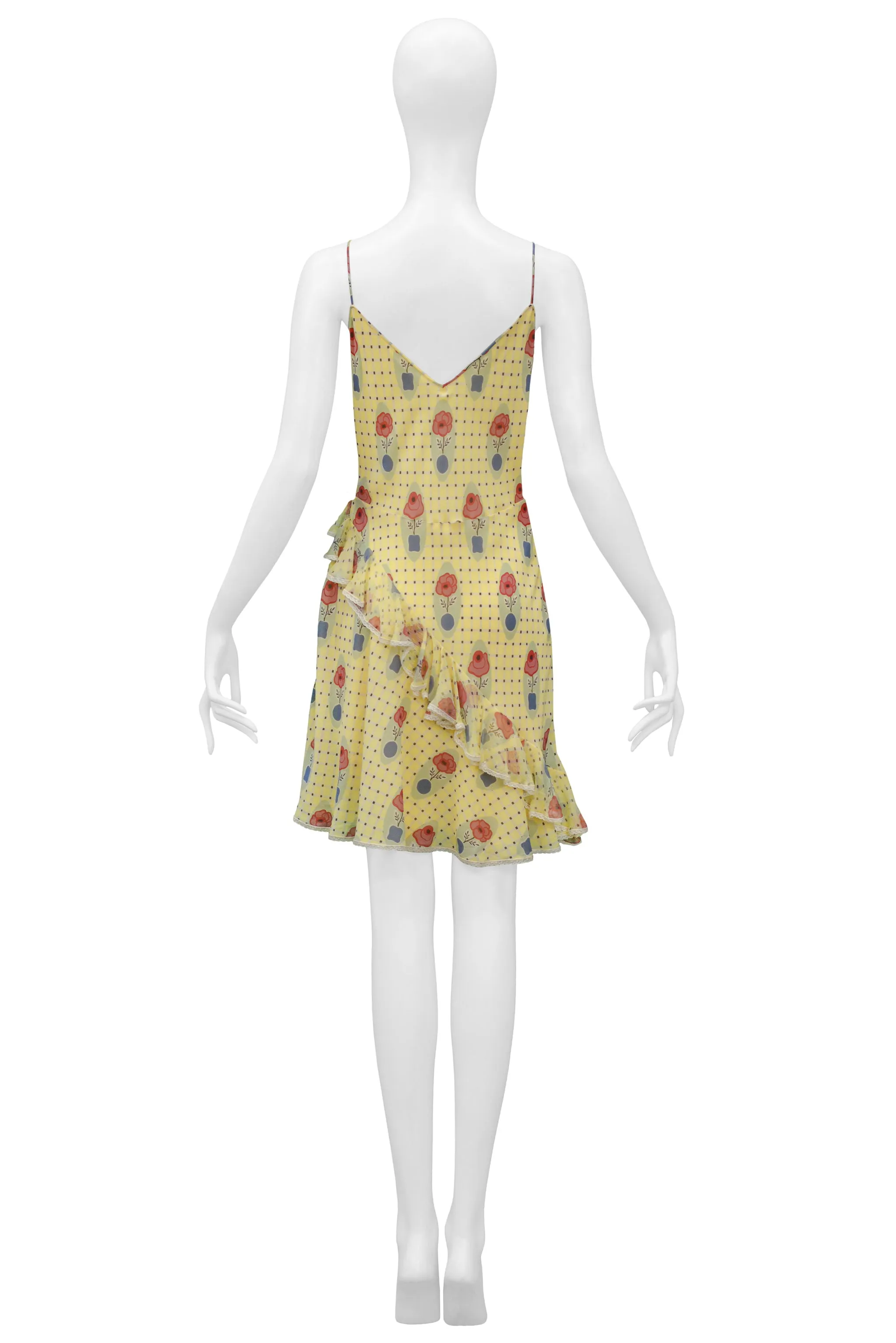 JOHN GALLIANO YELLOW CHECK SLIP DRESS WITH FLOWER POT PATTERN & WHITE LACE TRIM