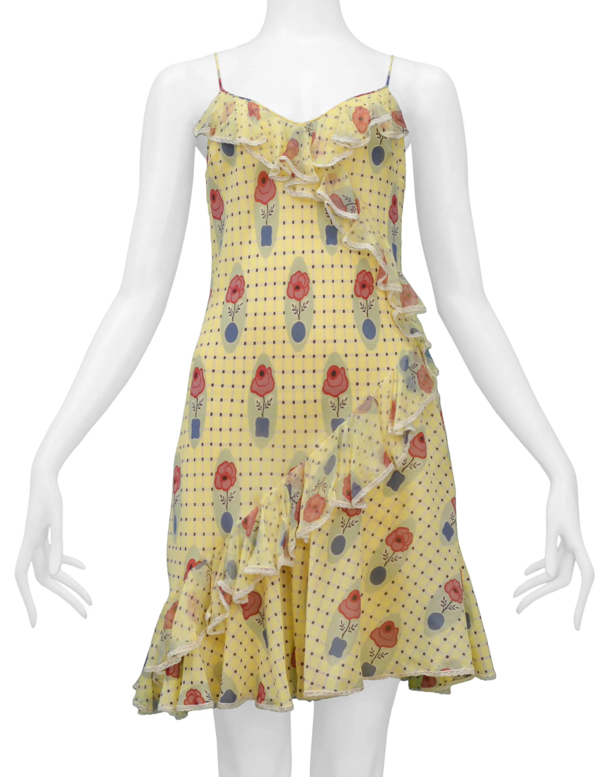 JOHN GALLIANO YELLOW CHECK SLIP DRESS WITH FLOWER POT PATTERN & WHITE LACE TRIM