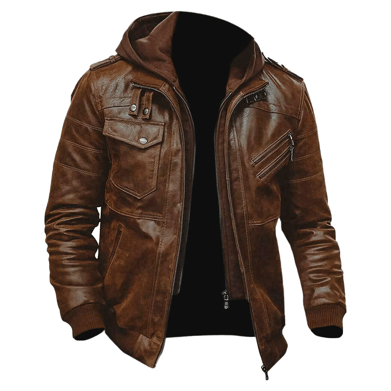 Men Brown Leather Motorcycle Jacket with Removable Hood | Mens Bown Leather Moto Jacket with Removable Hood