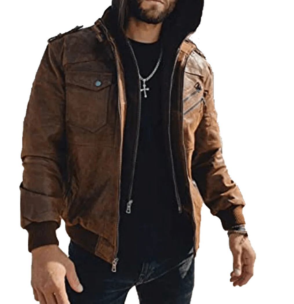 Men Brown Leather Motorcycle Jacket with Removable Hood | Mens Bown Leather Moto Jacket with Removable Hood