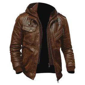 Men Brown Leather Motorcycle Jacket with Removable Hood | Mens Bown Leather Moto Jacket with Removable Hood