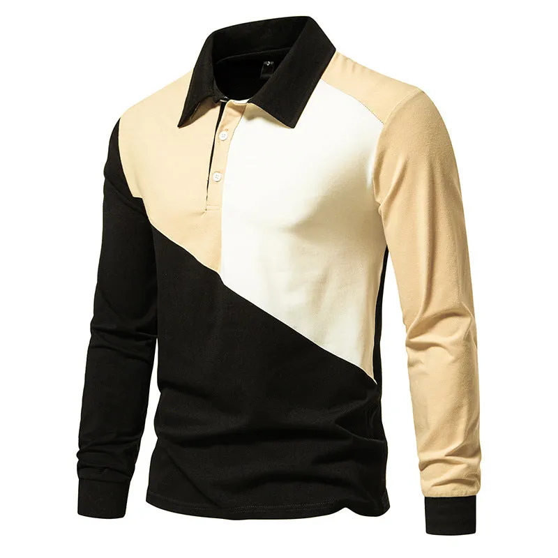 Men Turnover Collar Buttons Bicolor Long Sleeves T-Shirt