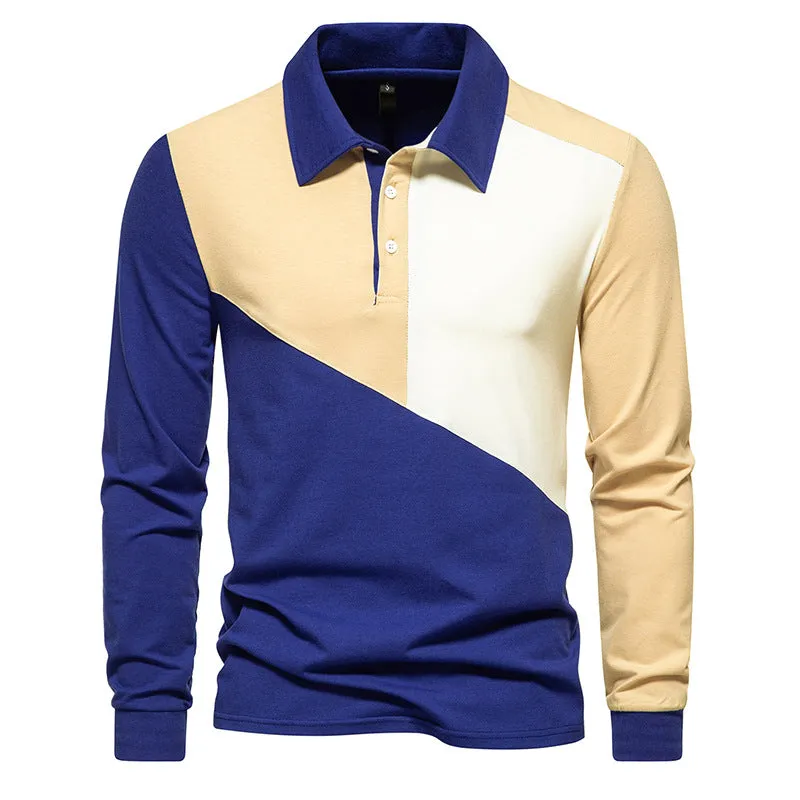 Men Turnover Collar Buttons Bicolor Long Sleeves T-Shirt