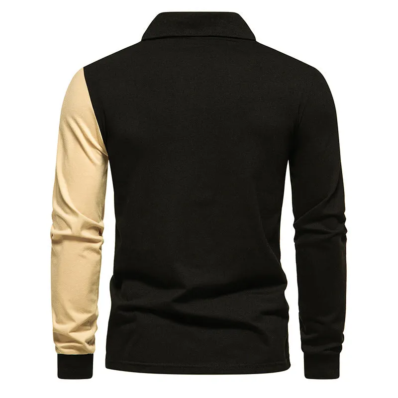 Men Turnover Collar Buttons Bicolor Long Sleeves T-Shirt