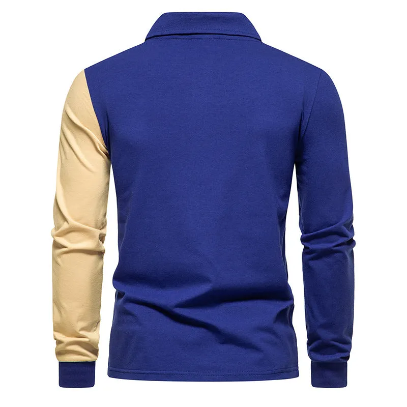 Men Turnover Collar Buttons Bicolor Long Sleeves T-Shirt