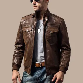 Men’s Brown Bomber Leather Jacket with Rib Collar