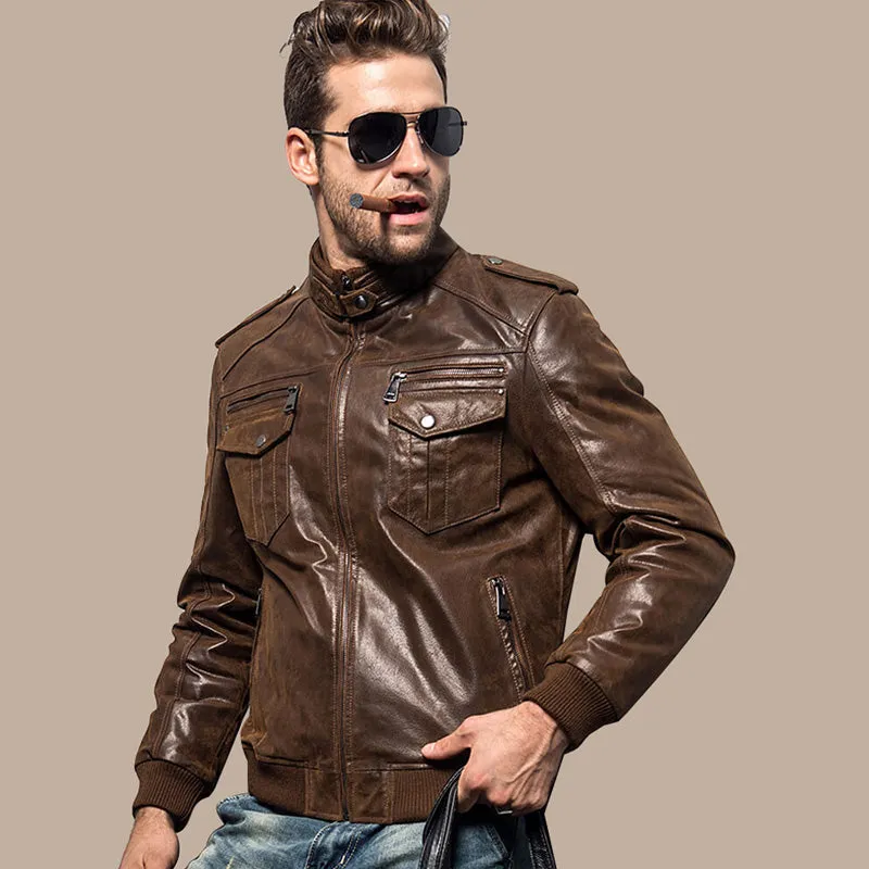 Men’s Brown Bomber Leather Jacket with Rib Collar