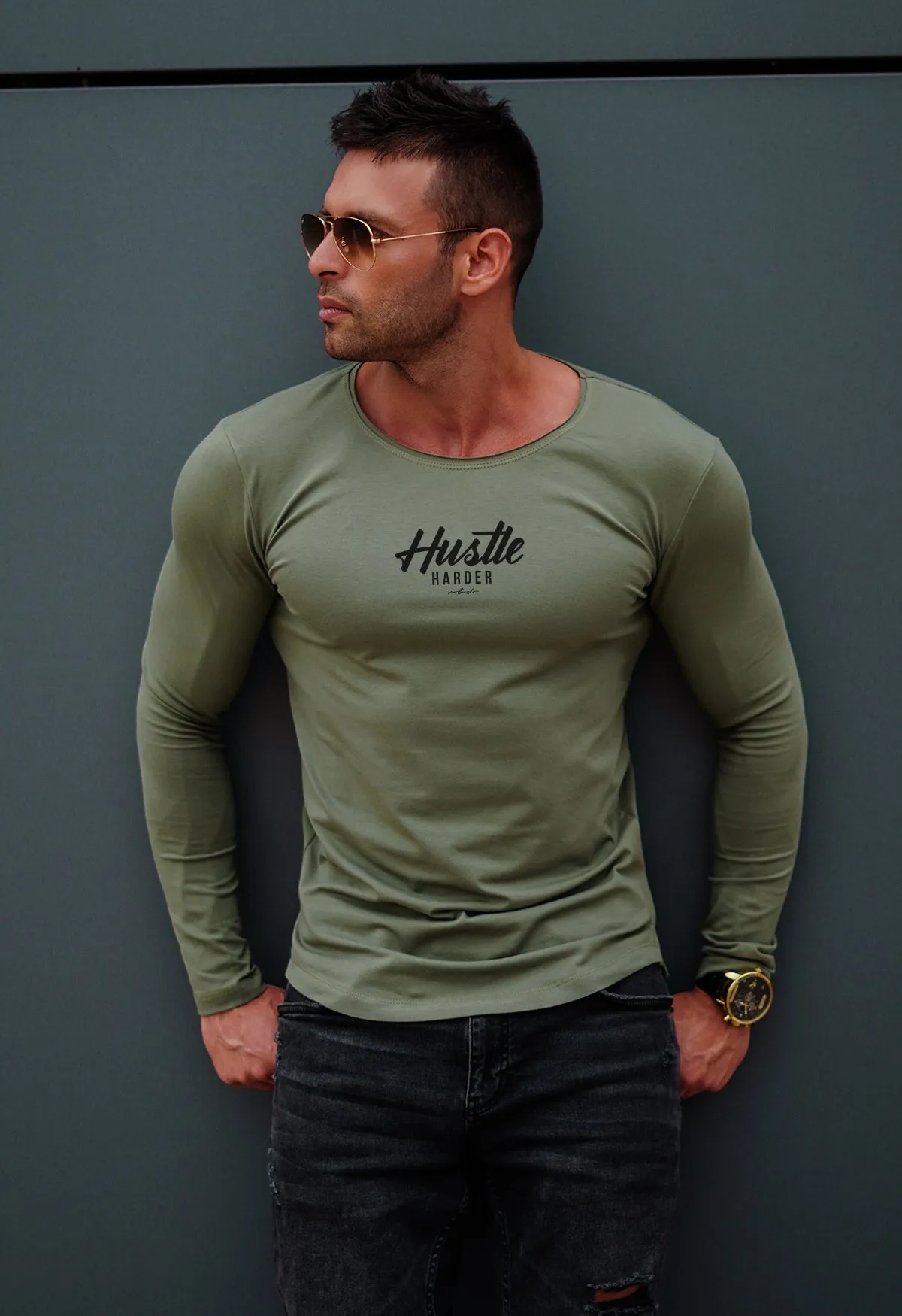 Mens Long Sleeve T-shirt "Hustle Harder" MD971