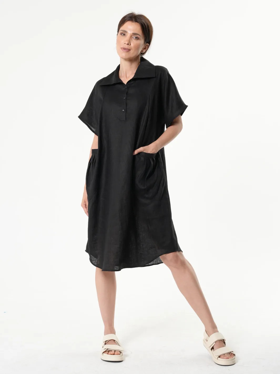 Midi Linen Dress With Side Pockets In Black