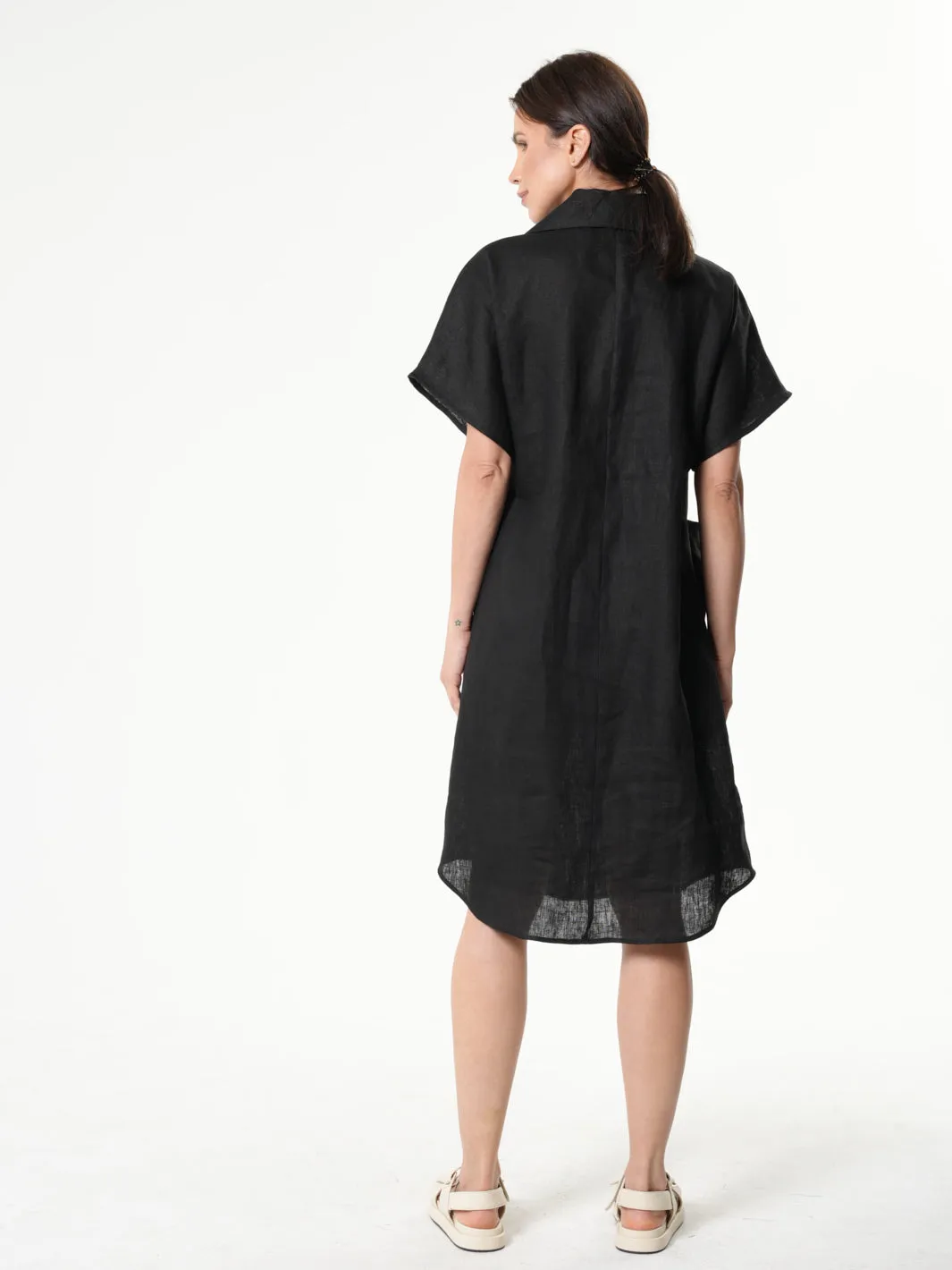 Midi Linen Dress With Side Pockets In Black