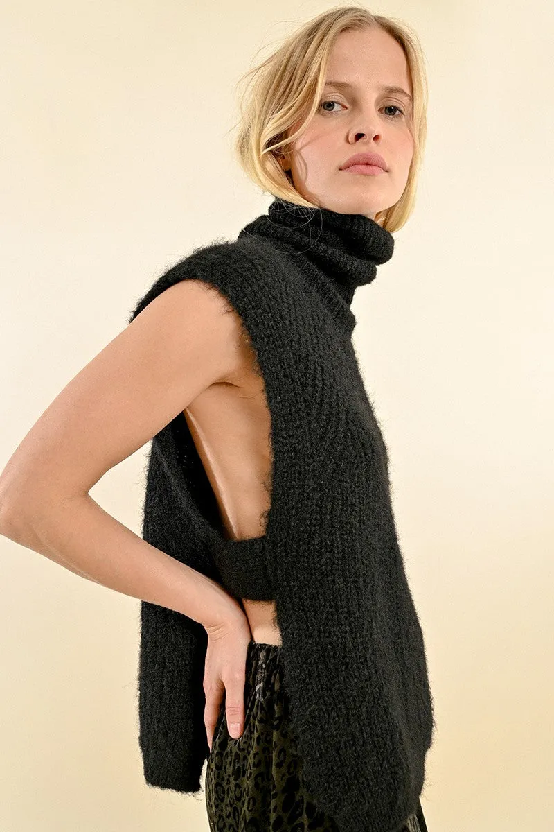 Molly Bracken Sleeveless Open Work Sweater With High Neck