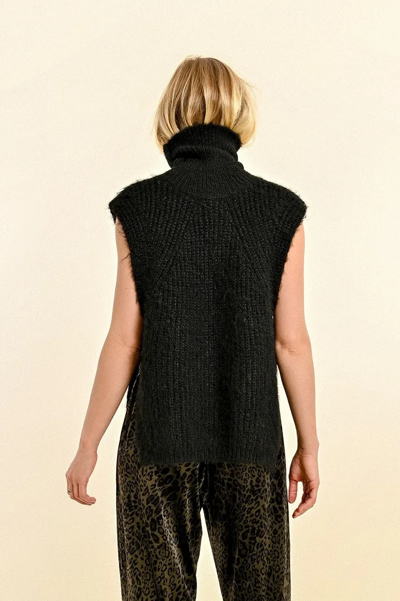 Molly Bracken Sleeveless Open Work Sweater With High Neck