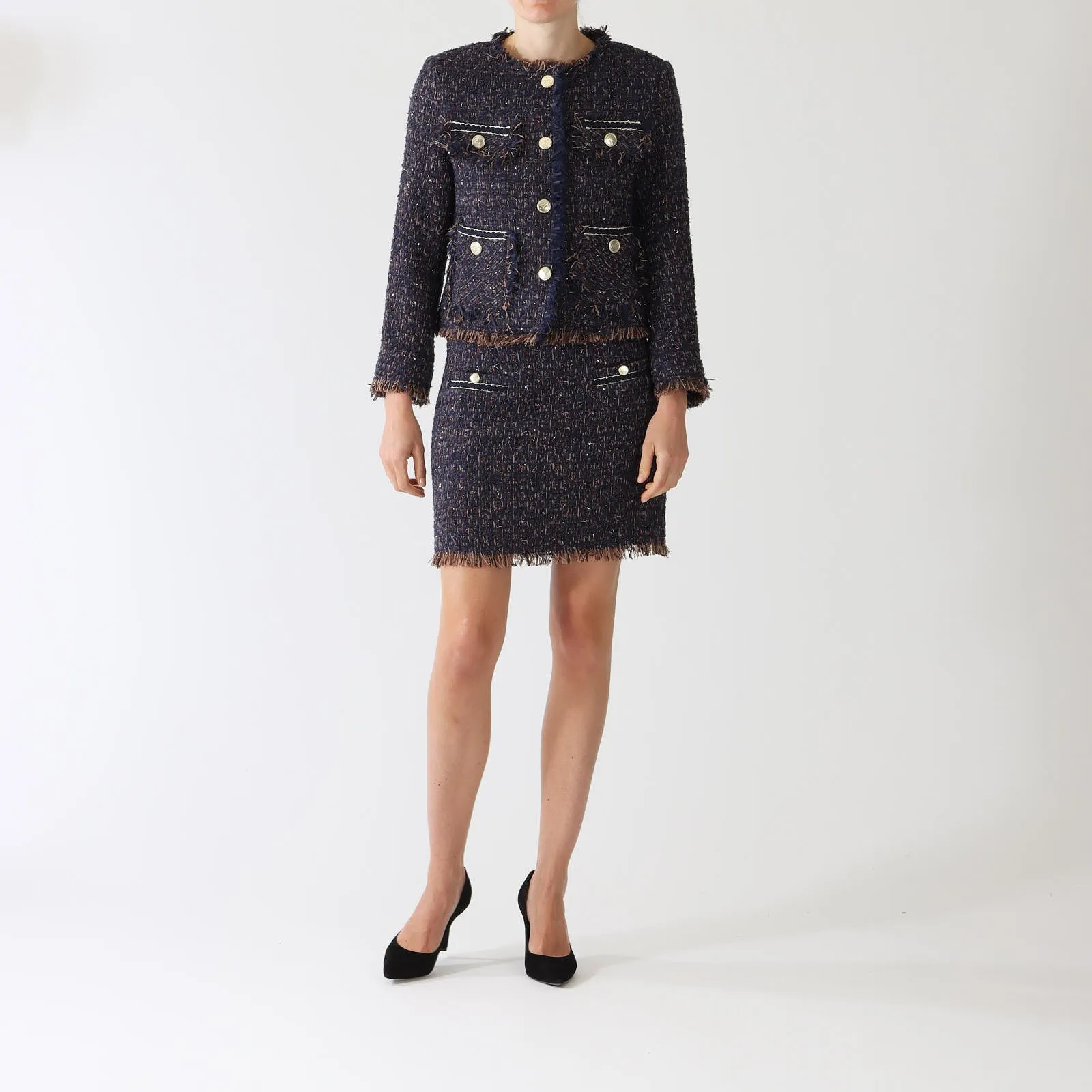 Navy Paislee Tweed Bouclé Skirt