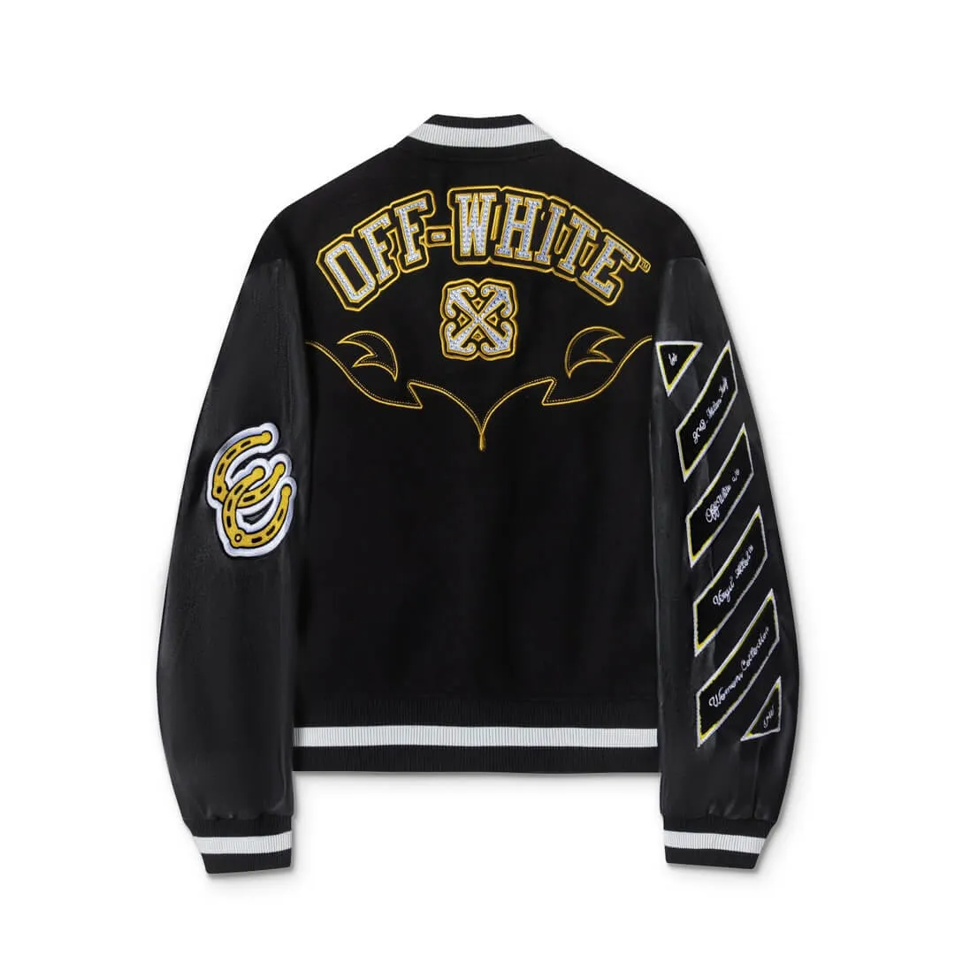 Off-White™-inspired Bling Horseshoe Women Black Varsity Jacket