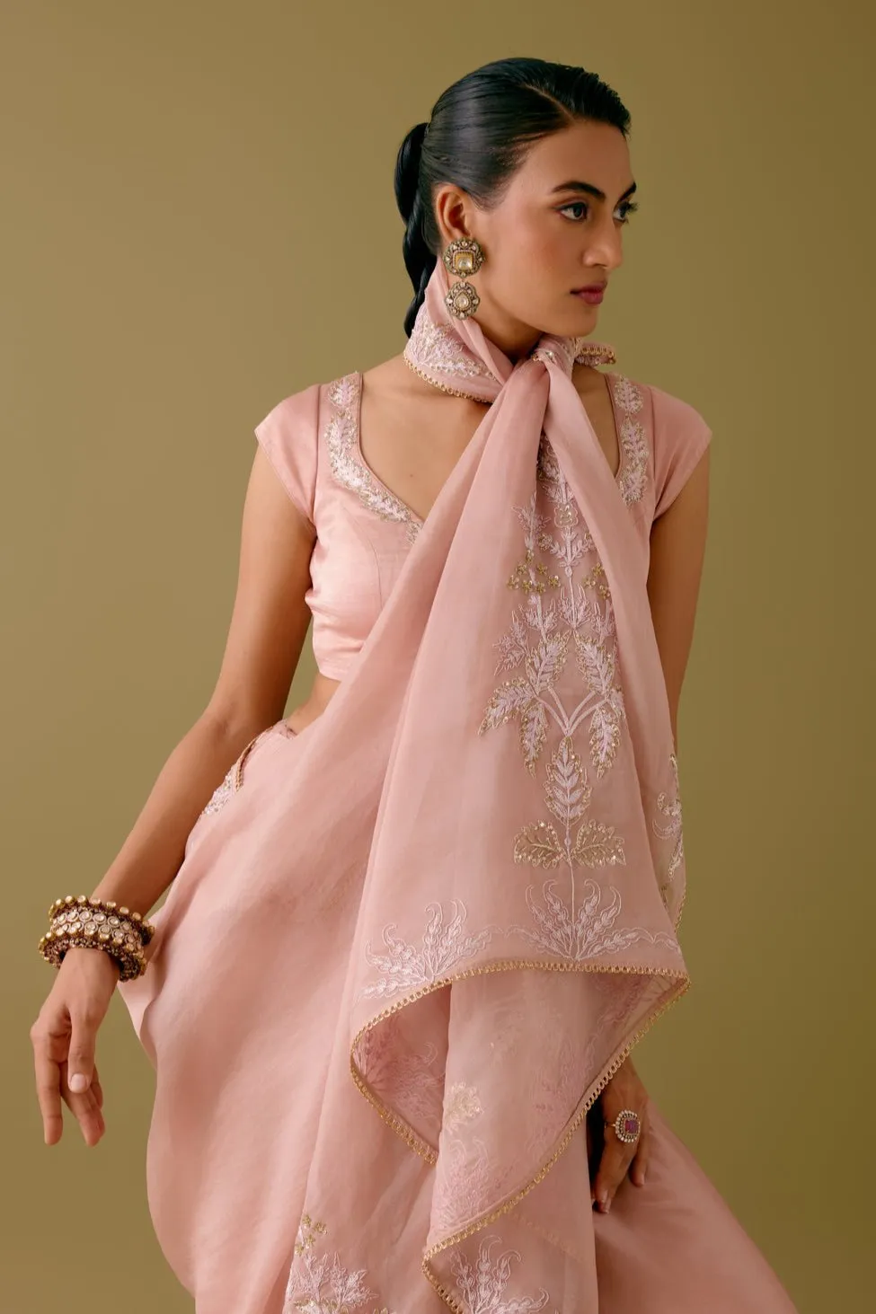 Onion Pink Sequined Organza Saree