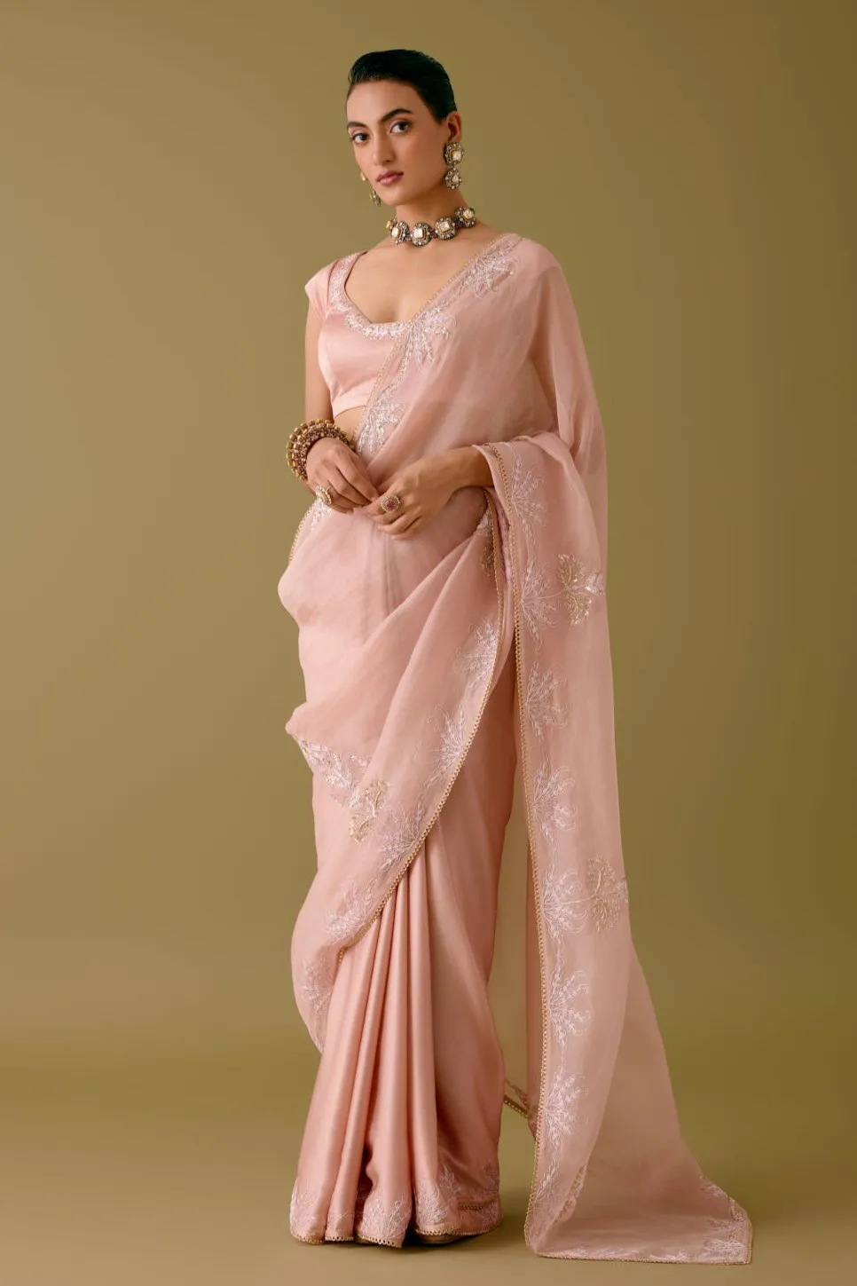 Onion Pink Sequined Organza Saree