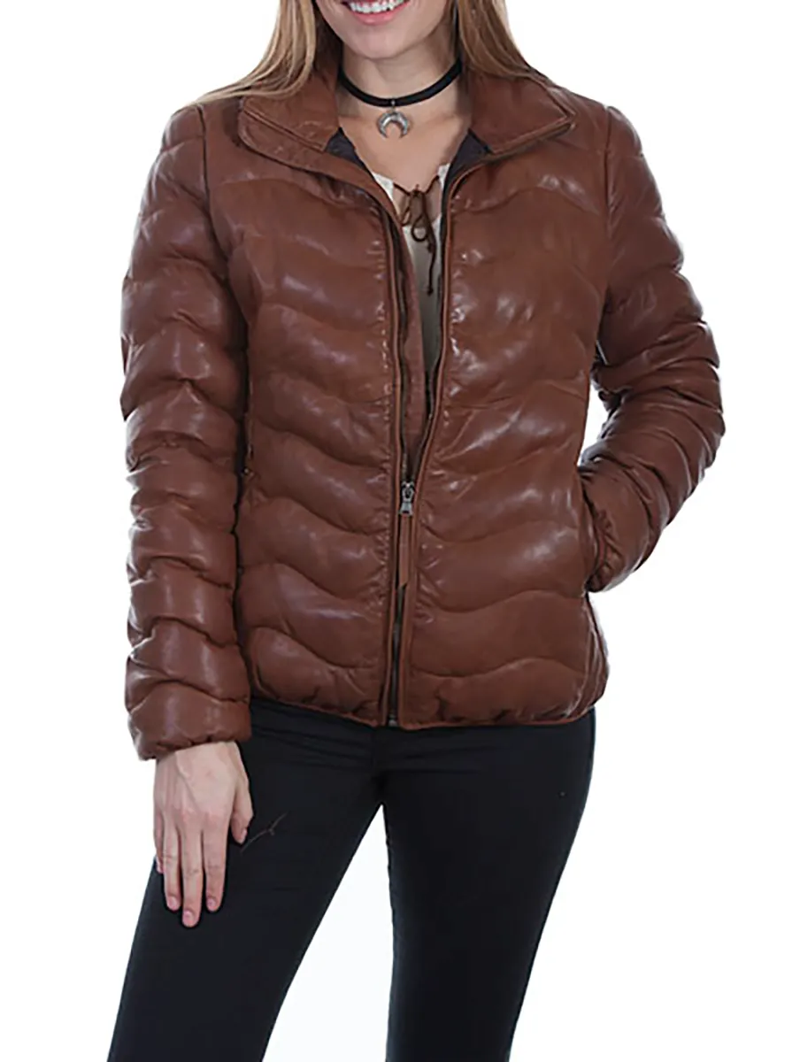 Ribbed Leather Puffer Jacket in Cognac