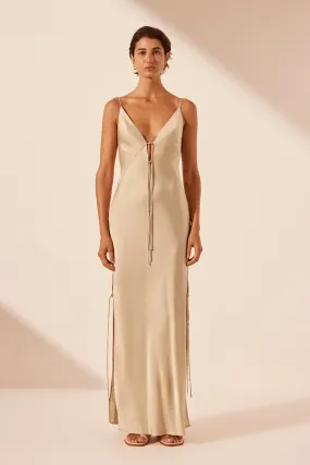 SHAE PLUNGED SLIP TIE MAXI DRESS - OAT