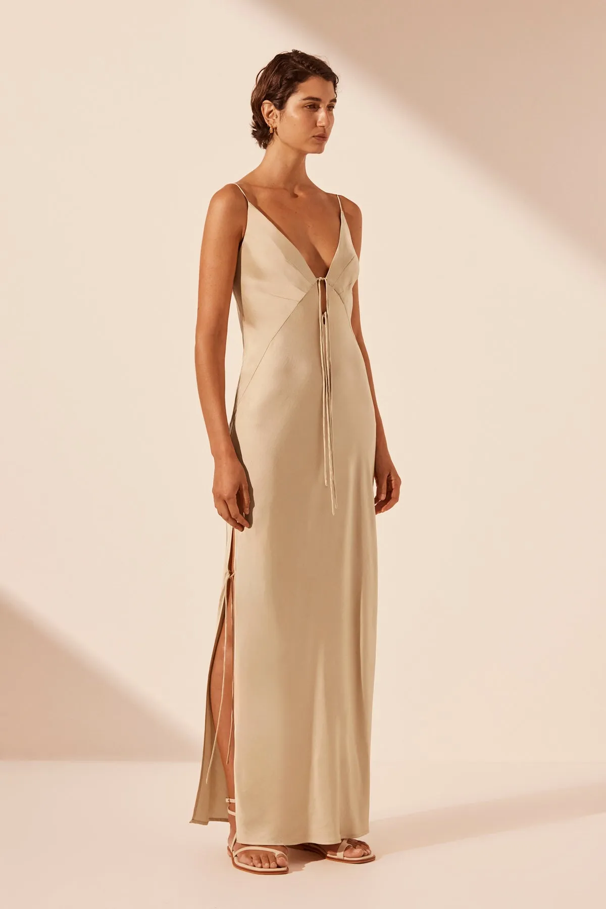 SHAE PLUNGED SLIP TIE MAXI DRESS - OAT