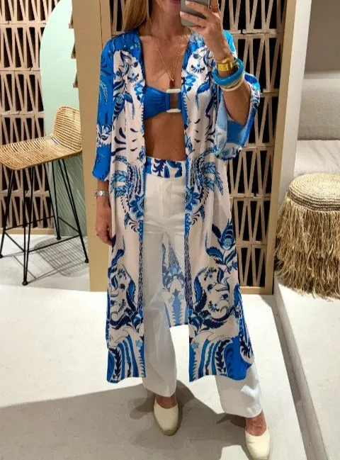 SILKY KIMONO "DAMASK" WHITE/BLUE