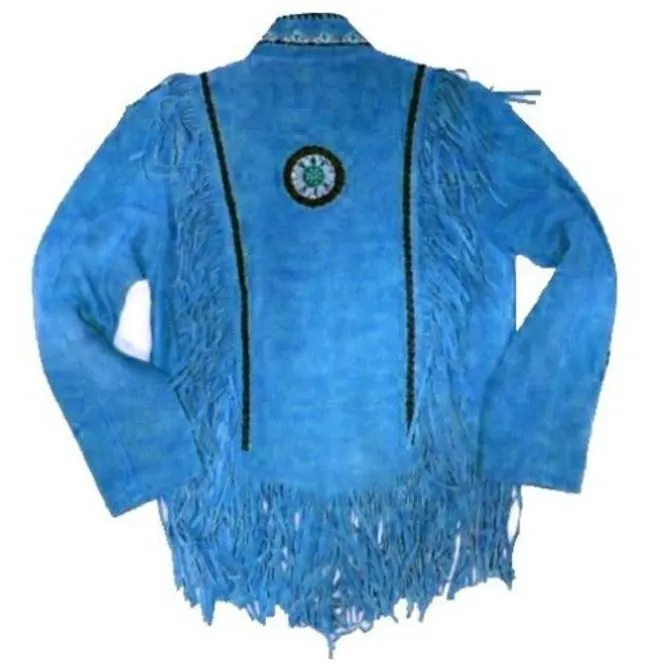 Western Suede Jacket, Men's Wear Fringes Beads Blue Color Jacket