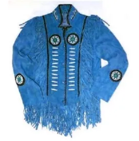 Western Suede Jacket, Men's Wear Fringes Beads Blue Color Jacket