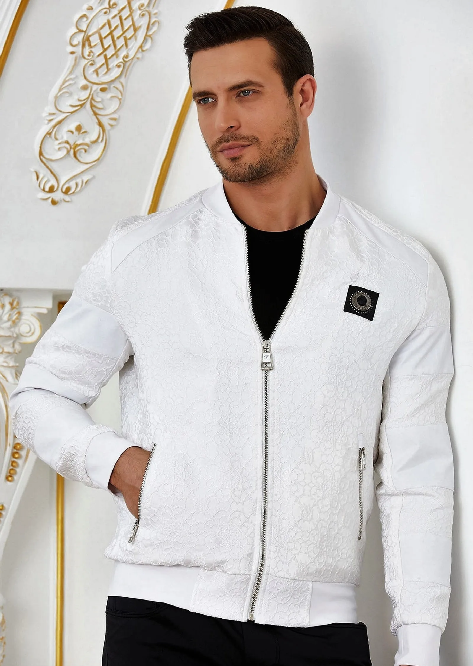 White Floral Bomber Jacquard Jacket