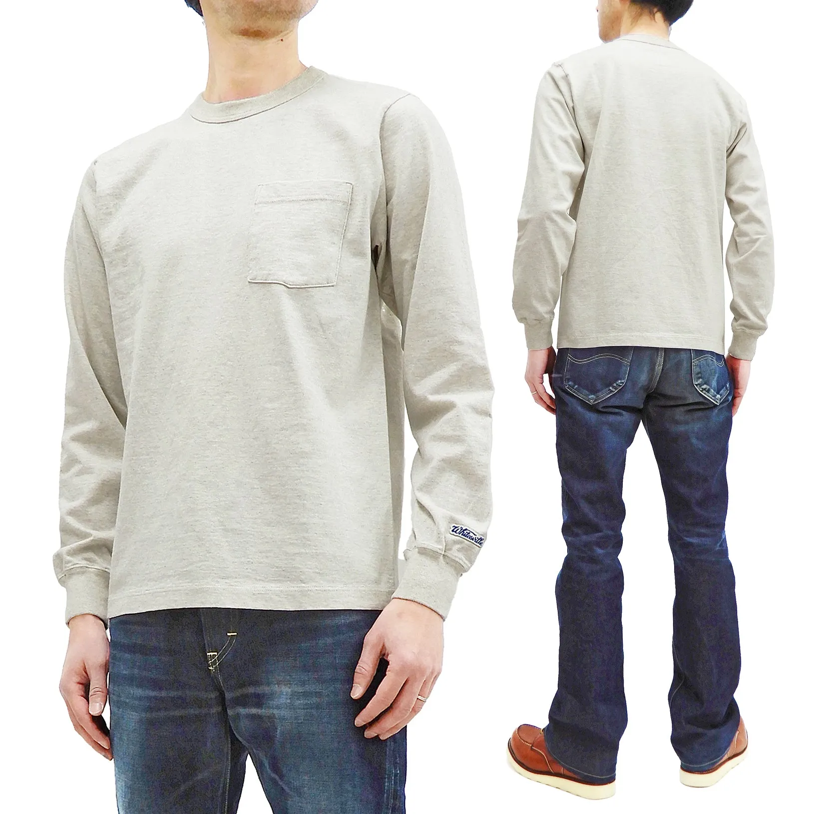 Whitesvill Plain T-shirt Men's Heavyweight Long Sleeve Pocket Tee WV68849 131 Oatmeal