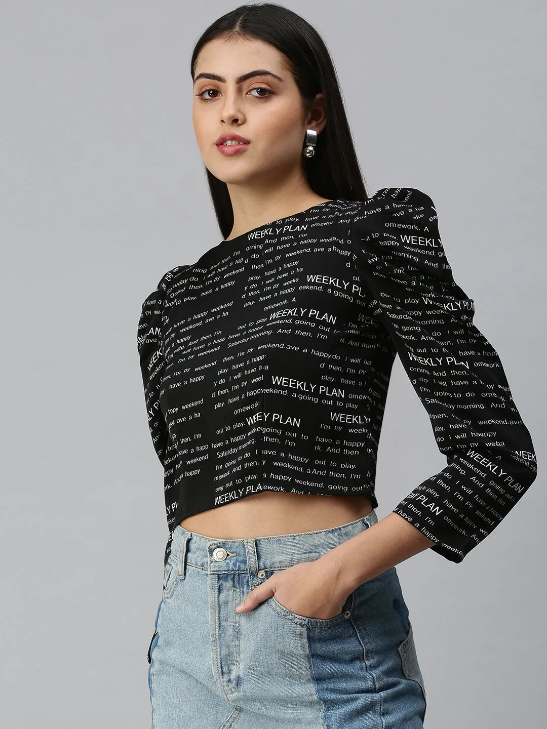 Women Black Printed Crop Fitted Top