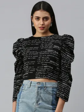 Women Black Printed Crop Fitted Top