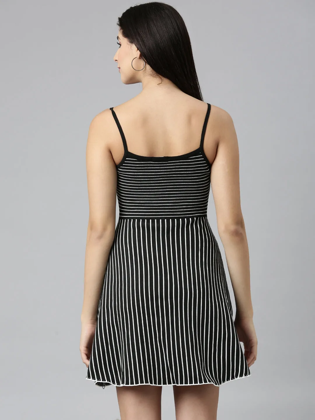 Women Black Striped A-Line Dress