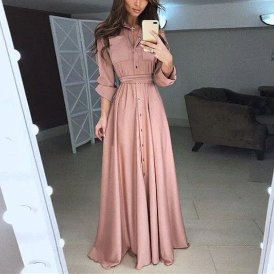 Women elegant swing belt button up maxi dresses