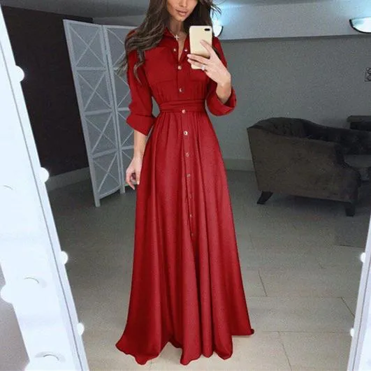 Women elegant swing belt button up maxi dresses