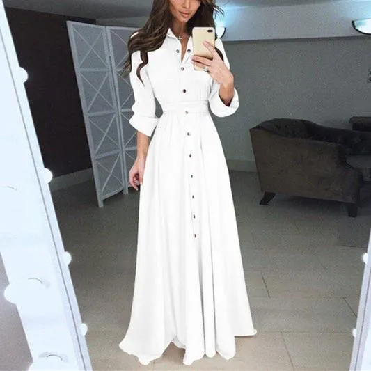 Women elegant swing belt button up maxi dresses