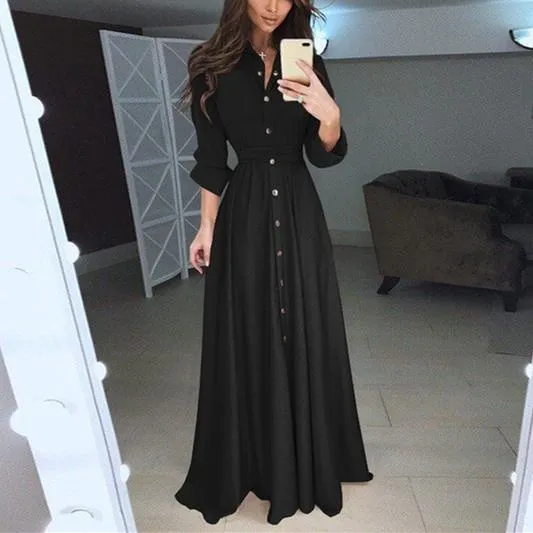 Women elegant swing belt button up maxi dresses