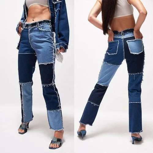 Women Patchwork Jeans High Waist Slim Fit Denim Pants