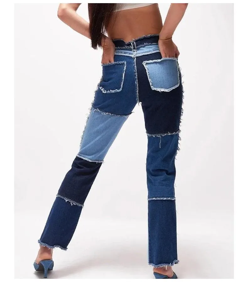 Women Patchwork Jeans High Waist Slim Fit Denim Pants