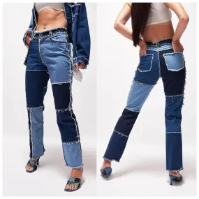 Women Patchwork Jeans High Waist Slim Fit Denim Pants